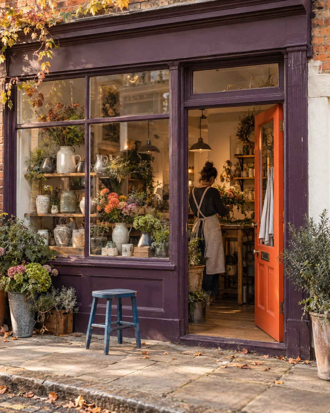 Illustrative scene of an independent florist and makers shop with a warm open doorway